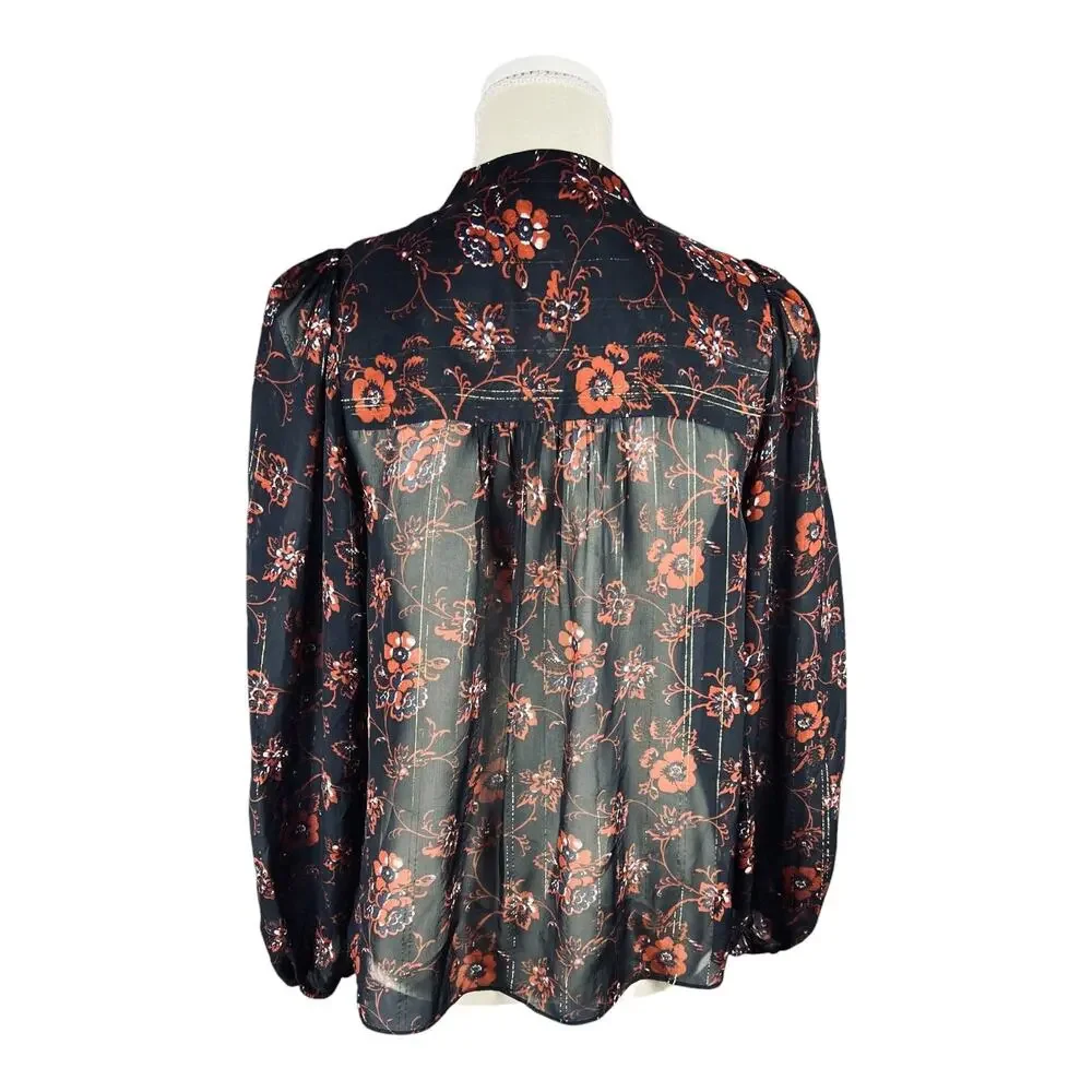 Ulla Johnson Constance Noir Floral Metallic Silk Blouse NWT Size 0